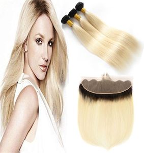 Root noire ombre 1b 613 Blonde blonde blonde de cheveux humains bundles avec des frontaux complets miel blonde ombre cheveux tissages avec Clo7825121 frontal