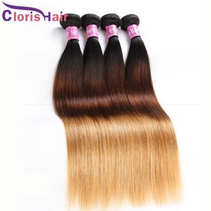 Racines foncées Blonde Human Hair 3 Bundles Brésilien Vierge Soidy Silky Straight Ombre T1B / 4/27 Colore Brown Blonde Ombre Extensions