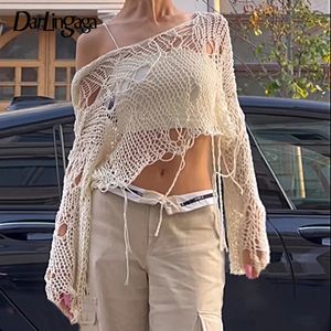 Darlingaga White Slash Neck Grunge Sweater Knitt Womens Hole Rispped Crop Top Harajuku Hollow Out Sexy Summer Jumpers 240328