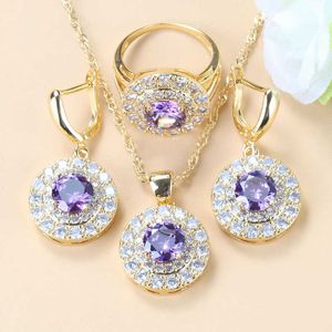 Ensemble de bijoux trois pièces en cristal violet naturel éblouissant pour femmes, boucles d'oreilles/collier et bague, costume 6 couleurs H1022