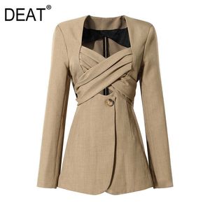 DEAT Fit otoño moda Casual manga larga sólido Simple pajarita Correa delgada longitud media Blazer abrigo mujer SH043 210930