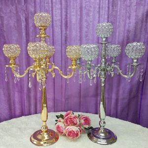 Decoración 5 Brazos Portavelas de cristal Candelabro Centro de mesa candelabro candkes palo con elegantes gotas de cristal colgantes para el banquete de boda Lugar de abeto Hogar senyu645