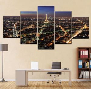Lienzo decorativo para el hogar, arte moderno HD, 5 paneles, torre de París, escena nocturna, carteles modulares, cuadros de pared, pinturas 7783343