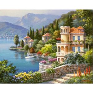 Pintura de arte decorativo pintado a mano Sung Kim Lakeside Villa Modern Mediterranean Landscape de arquitectura costera hermosa obra de arte para decoración de la pared