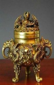 Brûleur d'encens en laiton pur, décoration d'usine en bronze, Antique, exquis, à collectionner, Dragons chinois, 277M7083824