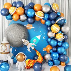 Kit d'arche de guirlande de ballons à faire soi-même, décoration d'espace, fusée bleue et Orange, thème astronaute, galaxie d'anniversaire, espace extra-atmosphérique pour décorations de fête pour garçons