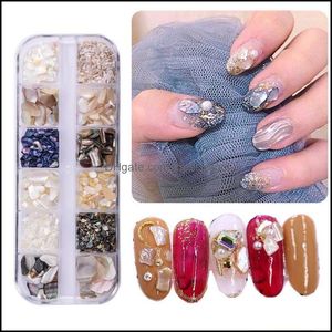 Decoraciones Salón de Arte Salud Belleza 12 Gird/Set Natural Sea Shell Nail Glitter Powder Tips Mix Remaches de Metal Perlas Perlas Studs Charms Ab Rhin