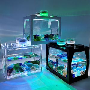 Décorations Creative LED Lumières Petit Fish Tank Bureau Combats Mini Aquarium Tropical Acrylique Tortue 230628