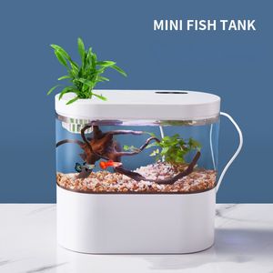 Décorations Bureau Creative Mini Aquarium Fish Tank avec système de filtration biochimique et lumière LED Betta Cycle d'eau écologique 230915