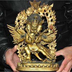 Figurines décoratives 12 '' Bouddhisme tibétain Bronze Gilt Mahakala Vajrakilaya Statue de bouddha couraillé