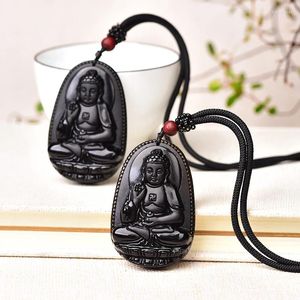 Figurines décoratives 1PC Natura Obsidienne Cristal Pierre Figurine Pendentif Guérison De Bouddha Sculpté Chanceux Amulette Pour Hommes Femmes Bijoux