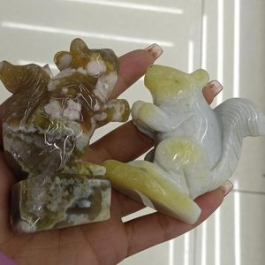 Figuras decorativas 1 PC Cristales naturales Blossom Agate Tallado Animal Sardonyx Squones Palm Palm Playthings Healing Home Decle