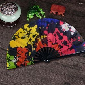 Figuras decorativas de 34 cm de ventilador de mano plegable 1 pcs Pcs Dot Rainbow Impresión Black Bamboo Nylon-Cloth Festival Handheld por regalo