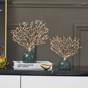 Figurines décoratives Golden Coral Marble Ornaments Desk Decor Luxurious Statue Crafts Alloy Tree Branche Ovale Base Home Decoration moderne
