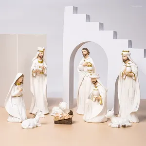 Figurines décoratives Sainte Famille Figurine Pâques Religieux Jésus Nativité Ensemble Statue Peinte à la Main Ornements Chambre Artisanat Cadeau de Noël Noël