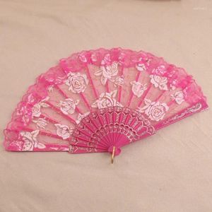 Figuritas decorativas de encaje con flores rosas, abanicos plegables, costilla de plástico duradero, patrón de abanico para mujer, mano de verano