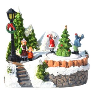 Figurines décoratives Objets Noël Village musical éclairé par LED Résine Artisanat Ornement Lumineux Tournant Bonhomme de neige Arbre de Noël Batterie Opéra