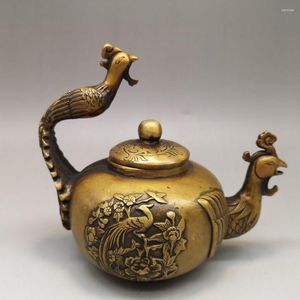 Figurines décoratives en vieux Bronze, cuivre chinois, théière Dragon et phénix faite à la main, Sculpture artisanale Antique