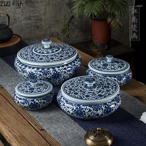 Figuritas decorativas, tarro de almacenamiento de cerámica Vintage con tapa, patrón de flores azules, Caddy de té, adorno para el salón, vientre plano, cerámica para el hogar