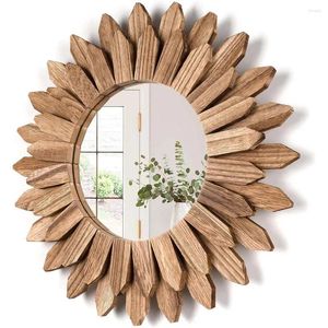 Figuras decorativas Espejo de pared de 12 pulgadas de madera rústica Sunburst Boho para entrada dormitorio sala de estar carbonizado