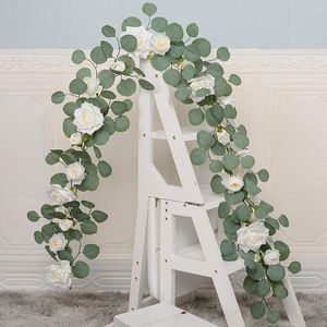 Flores decorativas 1,85 M Slik Fake Peony Rose Vines Artificial Eucalyptus Garland Planta colgante para boda Arch Door Party Table Decor