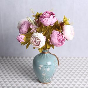 Flores decorativas 1 Bouquet 6 Big Heads 2 Buds Peony Peony Té Rose Camellia Silk Flower Flow Diy Home Garden Decoración Boda Regalos