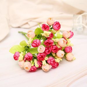 Flores decorativas 1 manojo 15 cabezas de rosas artificiales ramo de flores de bricolaje para la boda nupcial ducha fiesta decoración de la mesa suministros de decoración del hogar