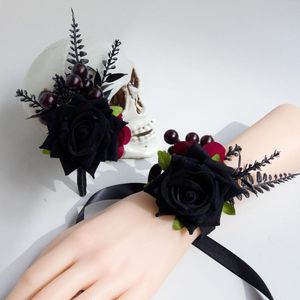 Fleurs décoratives 1 paquet de 2 roses noires, fleurs artificielles, Corsage pour hommes, poignet pour femmes, mariage, Halloween, fête des morts