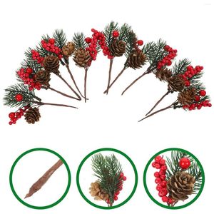 Flores decorativas 10 piezas de cono de pino artificial, tallos de bayas de Navidad, plantas de árbol de imitación, ramas de Navidad, espuma de frutos rojos, adornos azules de otoño