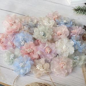 Fleurs décoratives 10 pièces 4.5CM 3D Organza mousseline de soie gaze tissu fleur de Lotus artificielle robe de mariée chapeau épingle à cheveux décoration bricolage couture