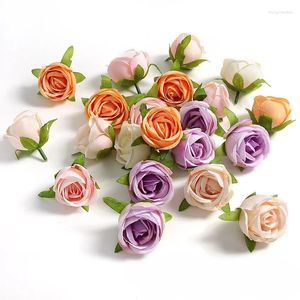 Fleurs décoratives 10 pièces 4CM fleur artificielle avec feuilles petit bourgeon tissu en soie décoration de la maison Rose matériel de bricolage
