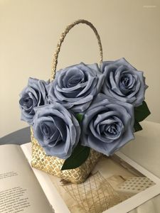 Flores decorativas, 10 Uds., cabeza de rosa Artificial azul polvorienta, venta al por mayor, imitación de seda para decoración para fiesta de boda DIY