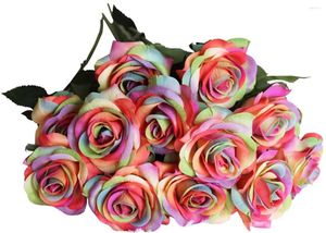 Flores decorativas 12 tallos Rainbow Rose Ramo de flores artificiales para bodas