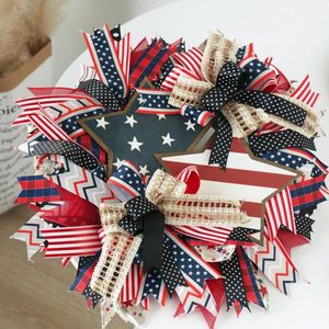 Flores decorativas Corona de malla de arpillera de color de la bandera estadounidense conmemorativa del Día Patriótico de 18 pulgadas para la independencia de la puerta principal 4 de julio 12v