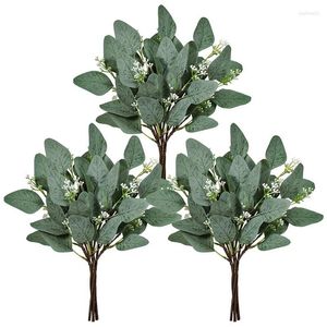 Flores decorativas 18 piezas de hojas de eucalipto falsas tallos a granel ramas ovaladas artificiales con semillas en gris verde para boda