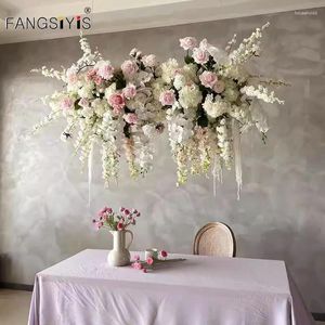 Flores decorativas 2.4m Lukspur Rose Hydangea Techo colgante Floral Boda Floral Deco Roda de flores de doble cara de doble cara