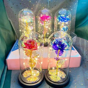 Fleurs décoratives 2023 LED Enchanted Galaxy Rose Eternal 24K Gold Foil Flower With Fairy String Lights In Dome For Christmas