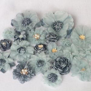 Fleurs décoratives 20pcs set bleu series mix 20 styles mousseline en mousseline en mousseline de mousseline rose fausse robe de mariée chapeaux de cadour décoration bricolage