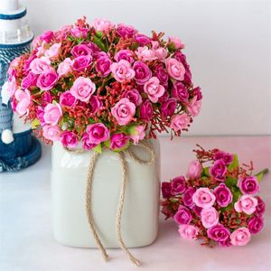Fleurs décoratives 21 têtes Rose fleur artificielle Bouquets de mariage Minin bourgeon camélia faux accessoires de décoration de salle de fête de noël