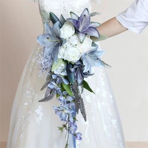 Fleurs décoratives 24,4 pouces, Bouquet de mariage, peinture à l'huile Vintage à main, décoration exquise, Simulation de fleurs de lys en soie