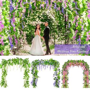 Fleurs décoratives 2m/6,56 pieds, guirlande de glycine artificielle suspendue, vignes, décoration d'arc de mariage, feuille de soie, fausse fleur, pour la maison