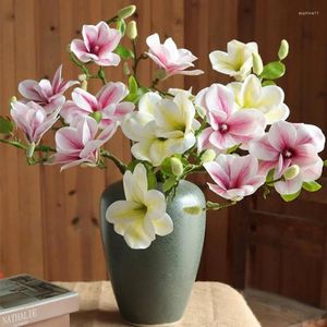 Fleurs décoratives 3 têtes, Arrangement floral réaliste, Magnolia ouvert, fausse branche artificielle, décoration de maison, toucher réel