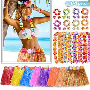 Flores decorativas 40/60cm faldas hawaianas Hula fibra de plástico chica corona chico escenario playa fiesta vestir Festival disfraces Decoración