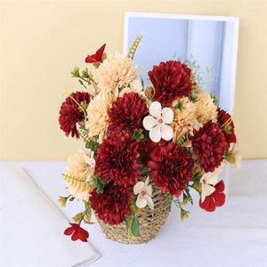 Fleurs décoratives 5 tête boule chrysanthème soie fleur artificielle rouge mariage maison faux Bouquet salon décoration