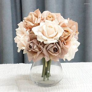 Fleurs décoratives 5 têtes Real Touch recourbé bord Rose Bouquet Latex artificiel pour mariage décoration de la maison fausse fleur mariée tenant