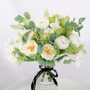 Fleurs décoratives 5 têtes Roses blanches pivoine artificielle de haute qualité pour la décoration de la maison de Mariage Rose faux Mariage Bouquet de mariée