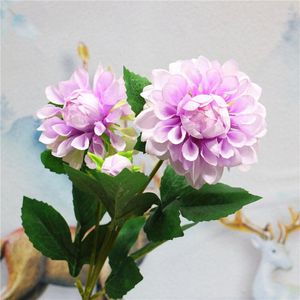 Fleurs décoratives 5 Pcs / Lot Artificielle 3 Têtes Dahlia Bouquet Fleur De Soie Décoration De Mariage Haut De Gamme Maison DIY Guirlande Faux Mur