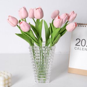Flores decorativas 5 piezas de tulipán artificial imitación polen rojo blanco púrpura verde decoración de la habitación de un solo toque