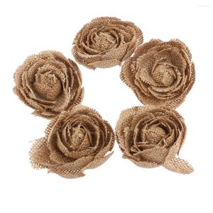 Fleurs décoratives 5pcs Burlap Hessian Rose pour le décoratation de mariage de Noël (brun profond)