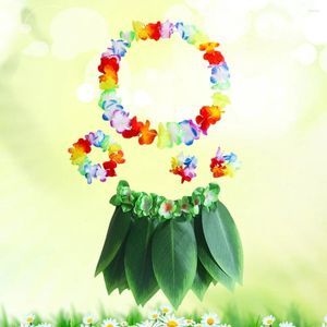 Fleurs décoratives 5pcs jupe de hulut co-costume hawaïen ensemble avec feuilles vertes bracelets bandeau de la fête luau faveurs pour les fournitures de plage